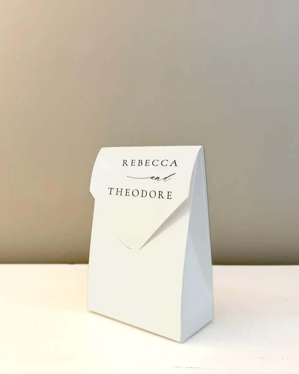 This is a 3.5" x 5.5" Wedding Favor Boxe called Simply Elegant printed in full color with Rose Gold foil