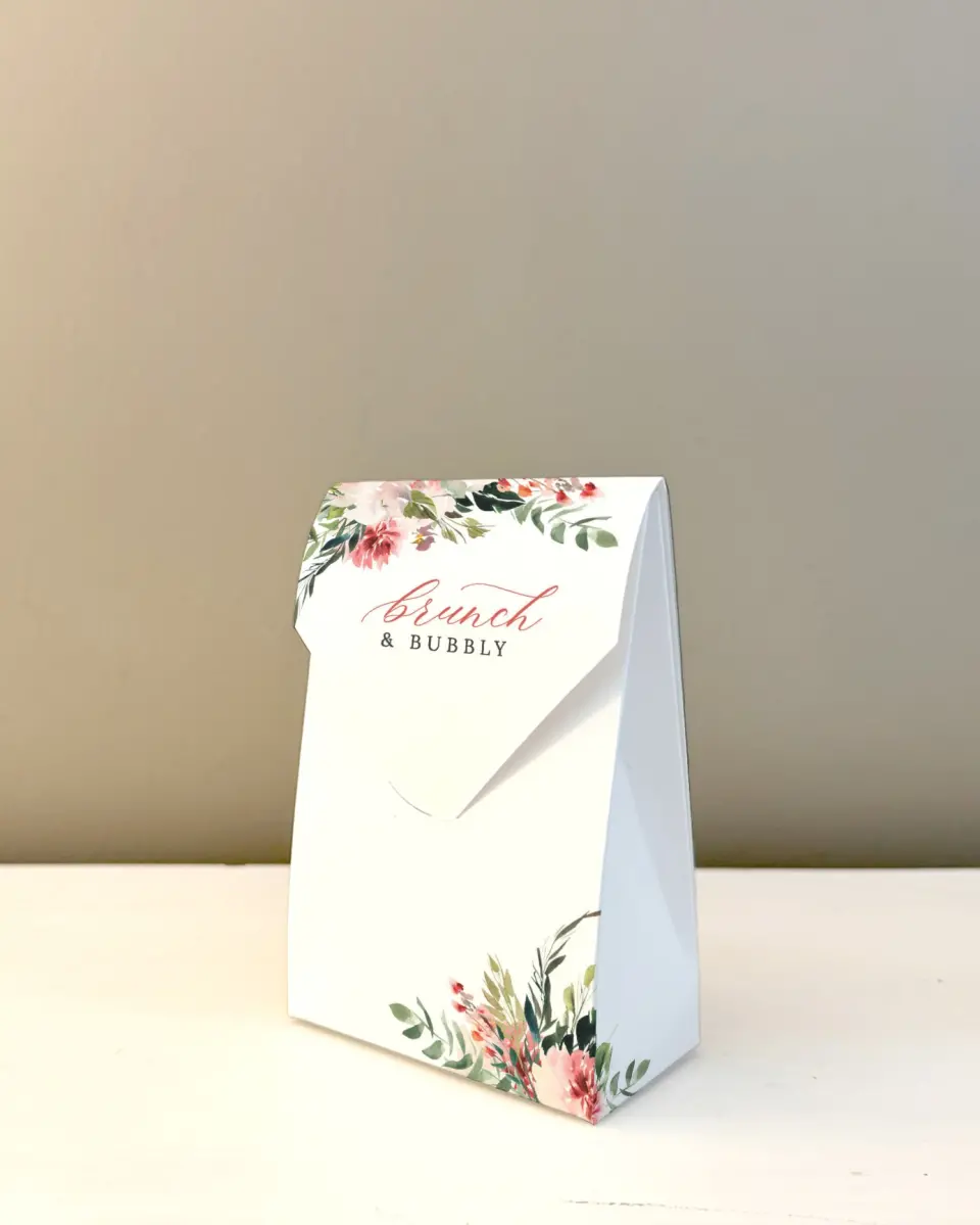 This is a 3.5" x 5.5" Wedding Favor Boxe called Blooming Brunch printed in full color with Silver foil