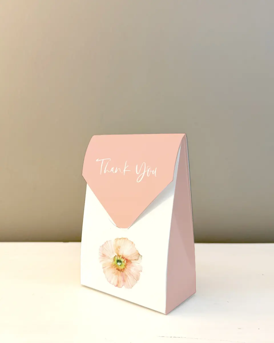 This is a 3.5" x 5.5" Wedding Favor Boxe called Pink Blossoms printed in full color