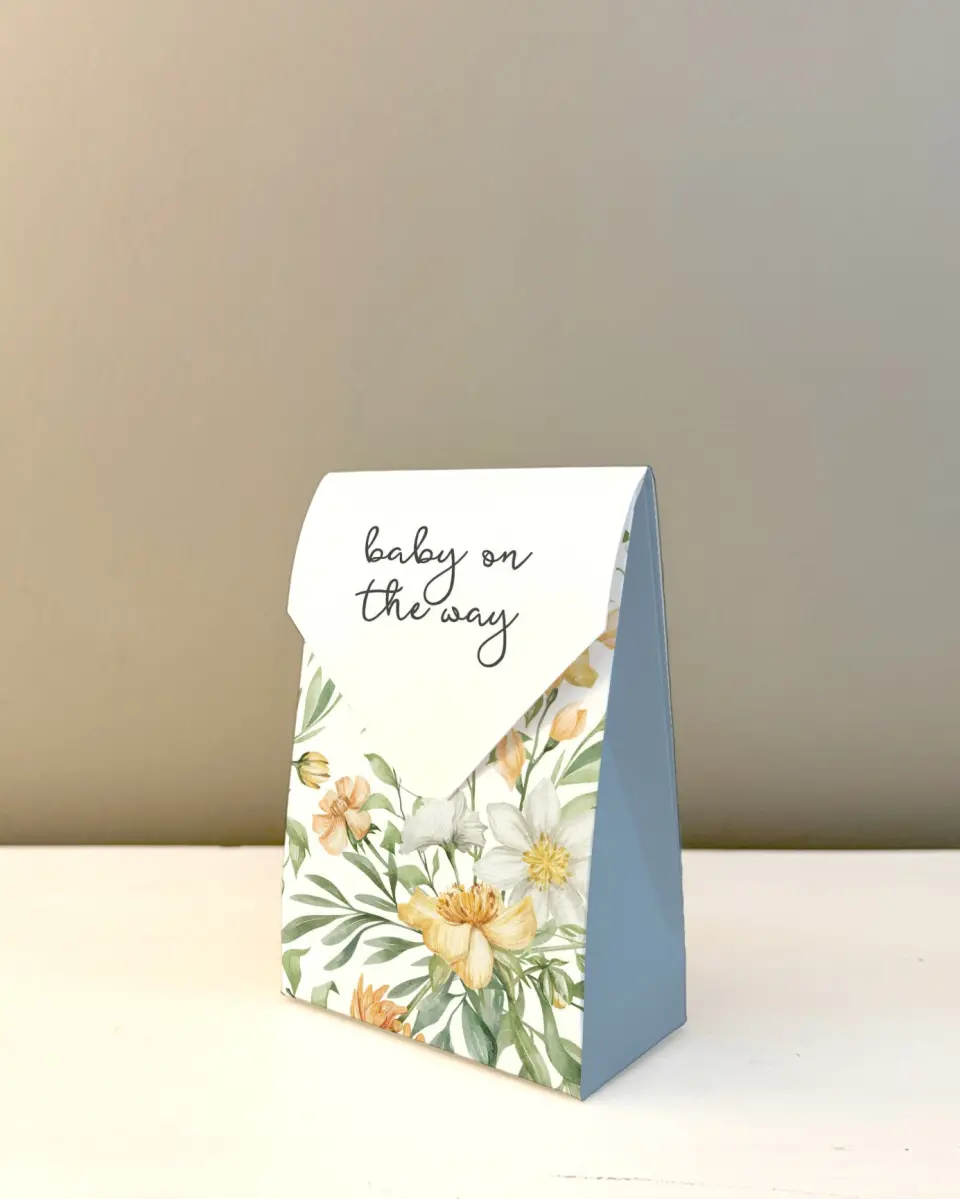 This is a 3.5" x 5.5" Wedding Favor Boxe called Baby in Bloom printed in full color with Gold foil