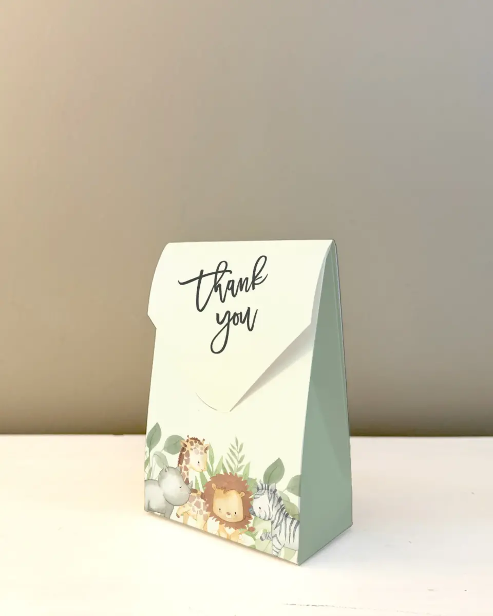 This is a 3.5" x 5.5" Wedding Favor Boxe called Sweet Safari printed in full color with Gold foil
