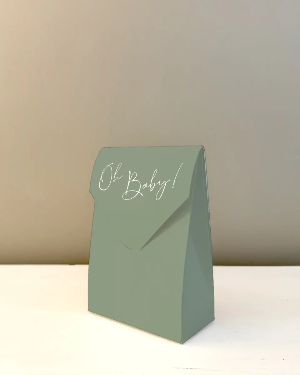 This is a 3.5" x 5.5" Wedding Favor Boxe called Oh Baby printed in full color with Gold foil