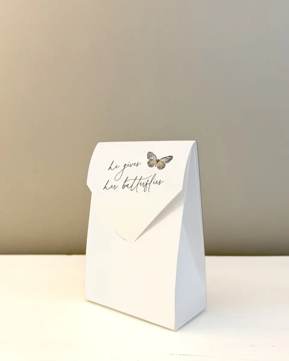 This is a 3.5" x 5.5" Wedding Favor Boxe called Gives Her Butterflies printed in full color