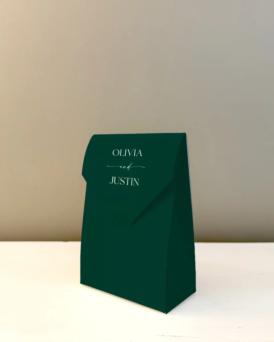 This is a 3.5" x 5.5" Wedding Favor Boxe called The Olivia printed in full color with Rose Gold foil
