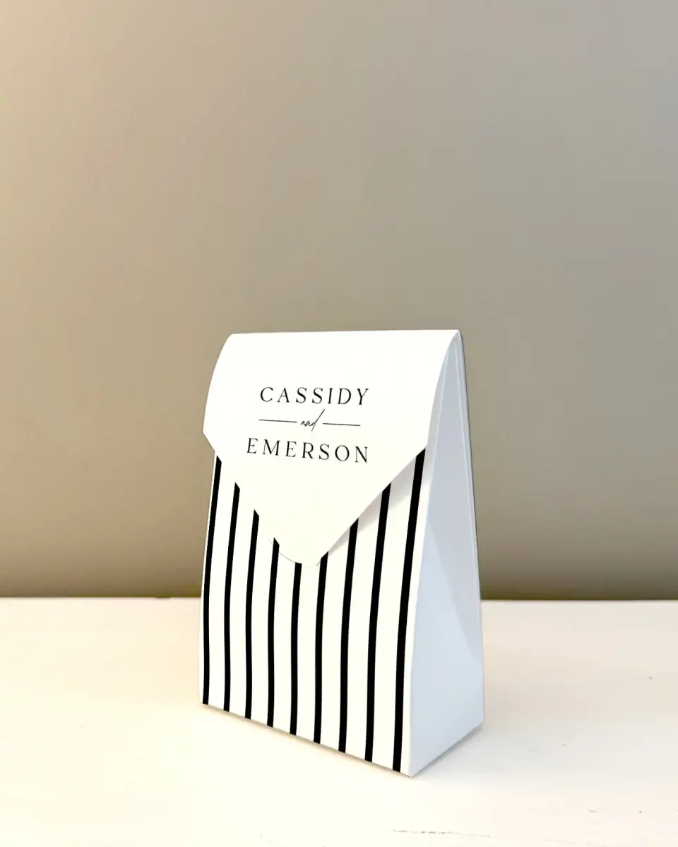 This is a 3.5" x 5.5" Wedding Favor Boxe called Devoted Delight printed in full color
