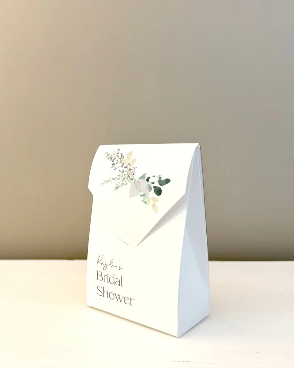 This is a 3.5" x 5.5" Wedding Favor Boxe called Botanical Bow printed in full color
