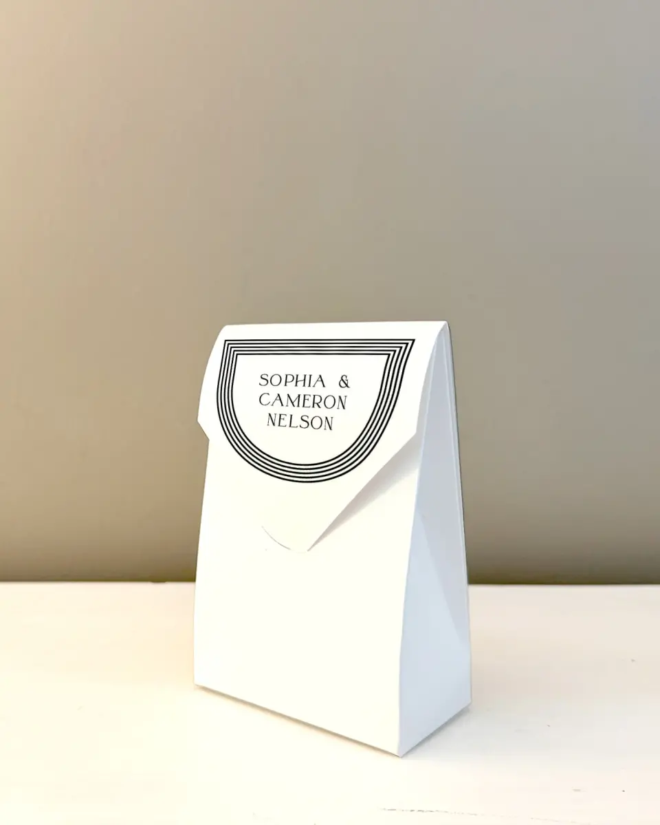 This is a 3.5" x 5.5" Wedding Favor Boxe called Passionate Arch printed in full color