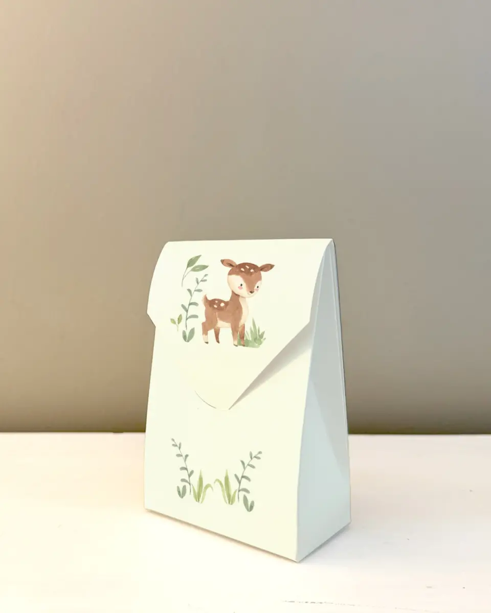 This is a 3.5" x 5.5" Wedding Favor Boxe called Forest Friends printed in full color with Gold foil