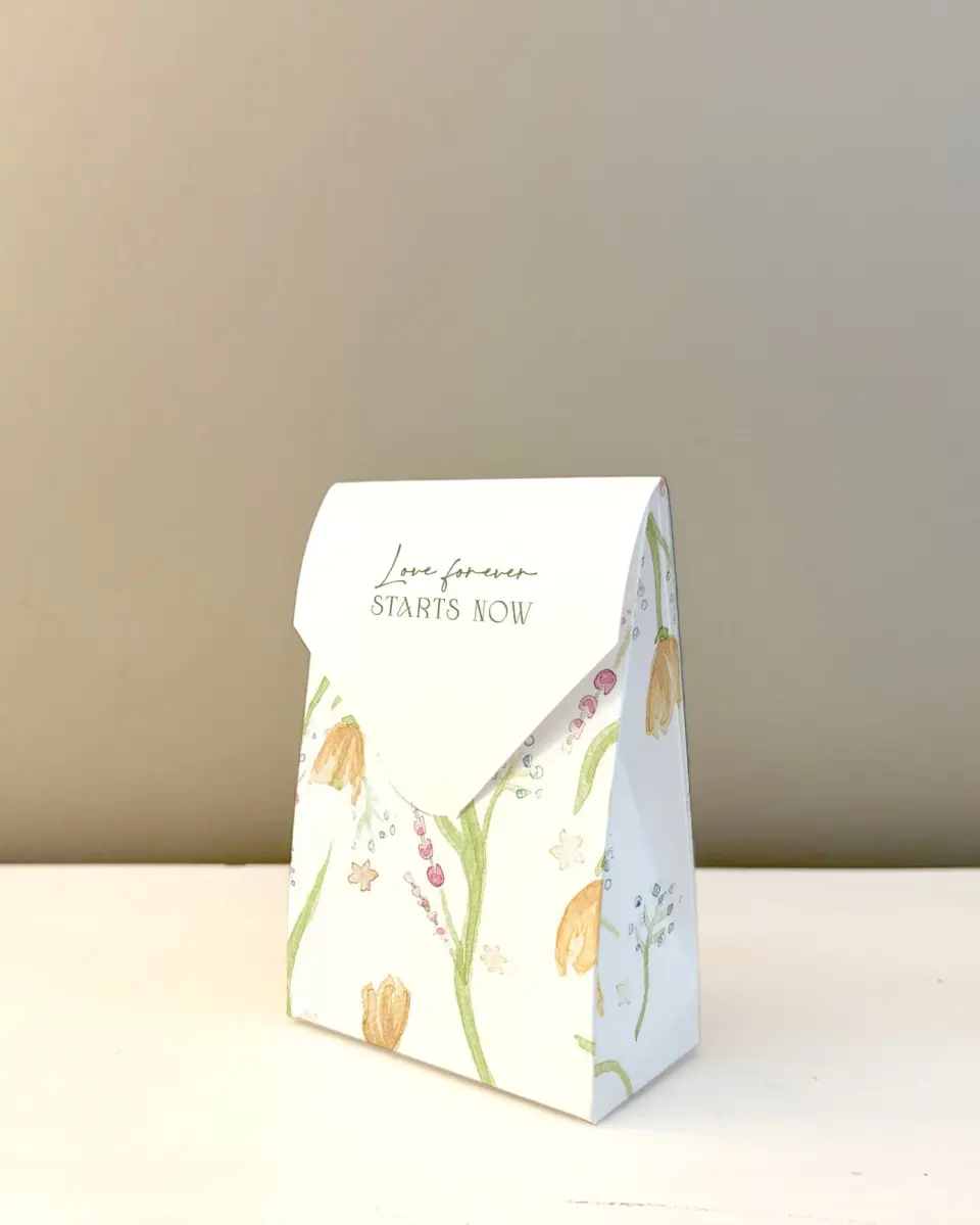This is a 3.5" x 5.5" Wedding Favor Boxe called Garden Party printed in full color