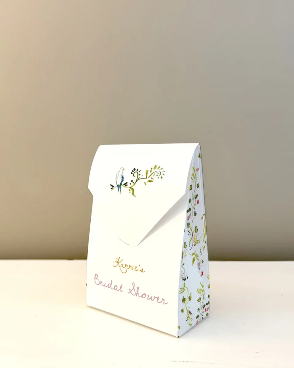 This is a 3.5" x 5.5" Wedding Favor Boxe called Fairy Garden printed in full color