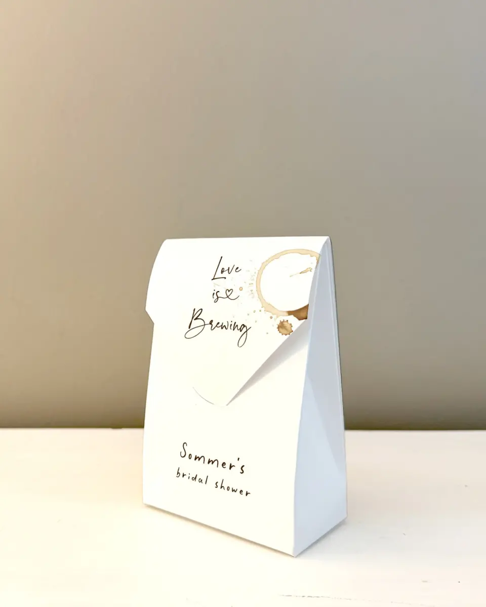 This is a 3.5" x 5.5" Wedding Favor Boxe called Love is Brewing printed in full color