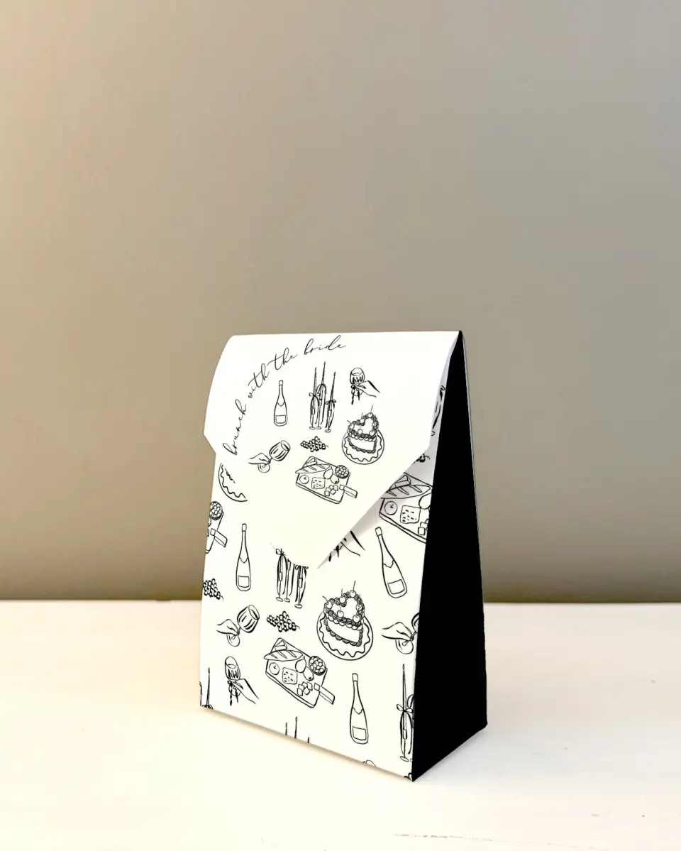 This is a 3.5" x 5.5" Wedding Favor Boxe called Stay a While printed in full color
