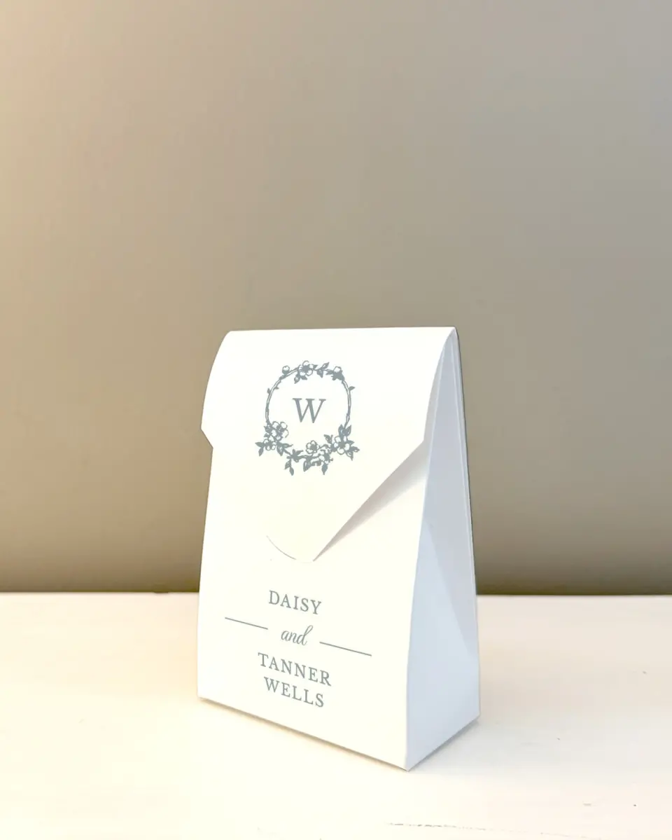 This is a 3.5" x 5.5" Wedding Favor Boxe called Flowering Frame printed in full color with Silver foil