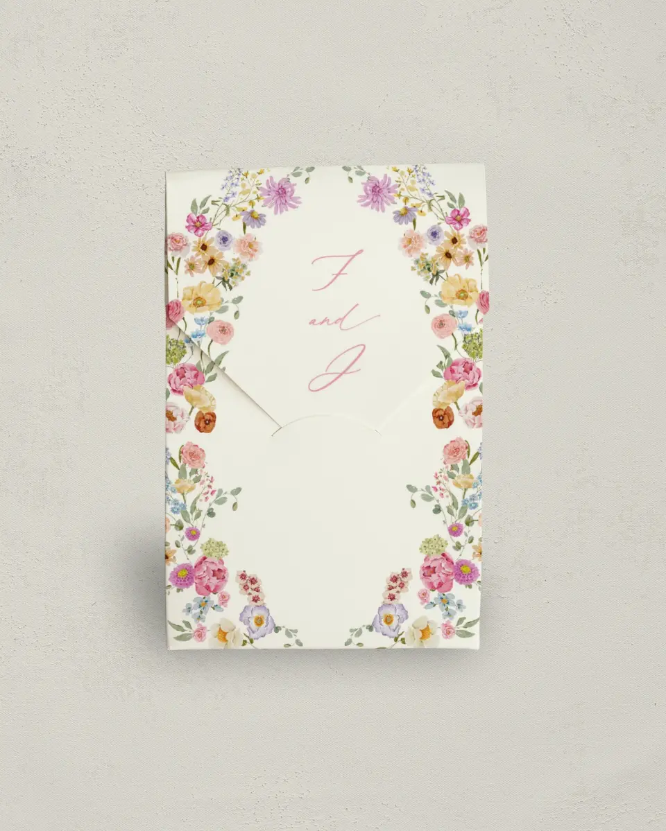 This is a 3.5" x 5.5" Wedding Favor Boxe called The Florence printed in full color with Gold foil
