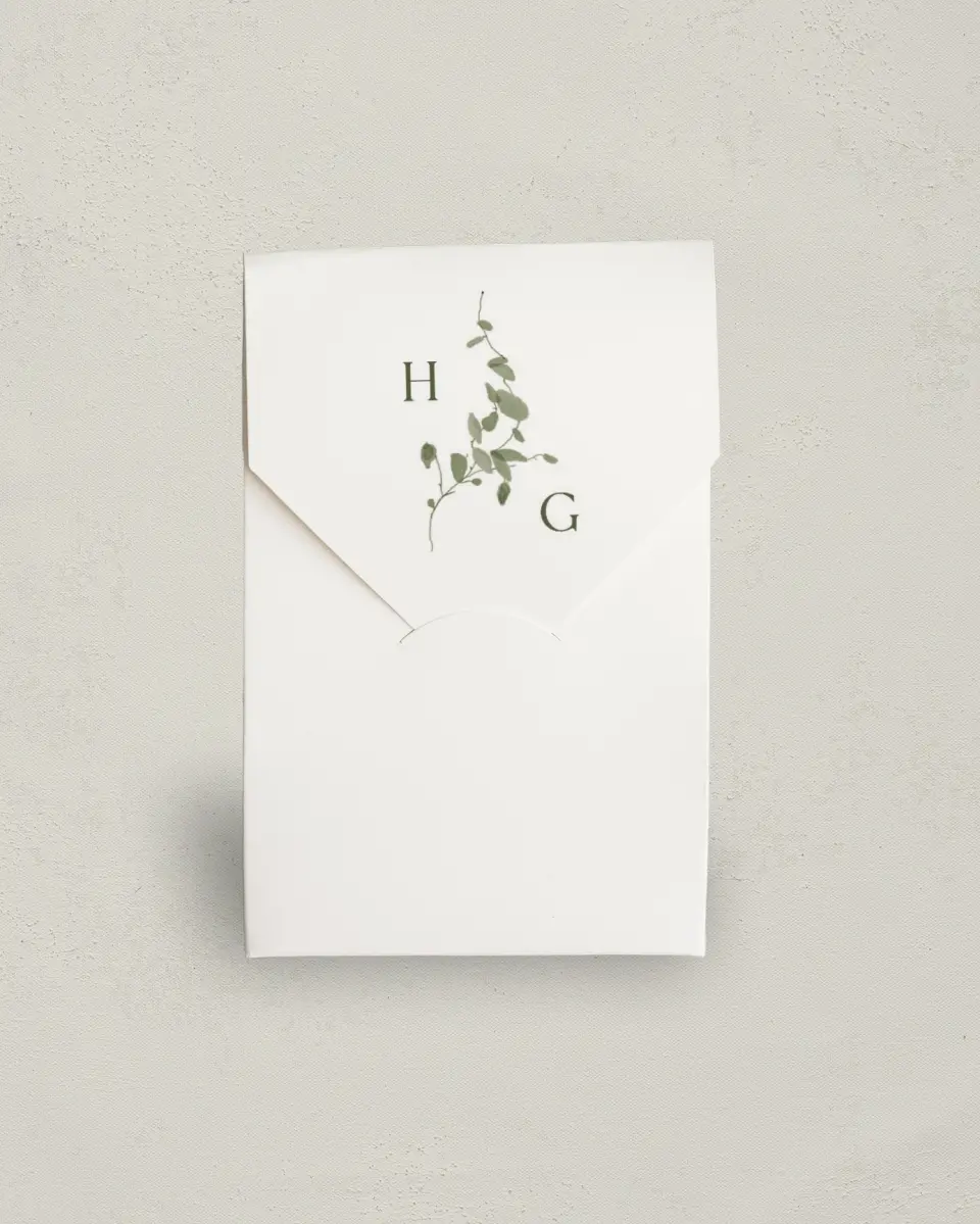 This is a 3.5" x 5.5" Wedding Favor Boxe called The Hailey printed in full color with Gold foil