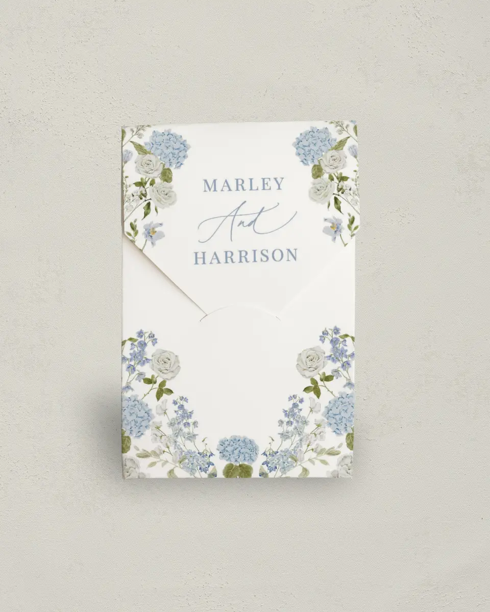 This is a 3.5" x 5.5" Wedding Favor Boxe called Blue Blossoms printed in full color