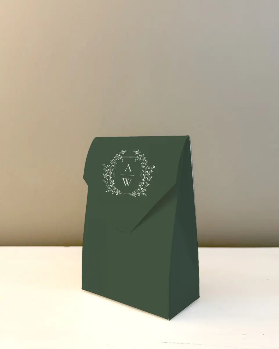 This is a 3.5" x 5.5" Wedding Favor Boxe called The Adaline printed in full color with Rose Gold foil