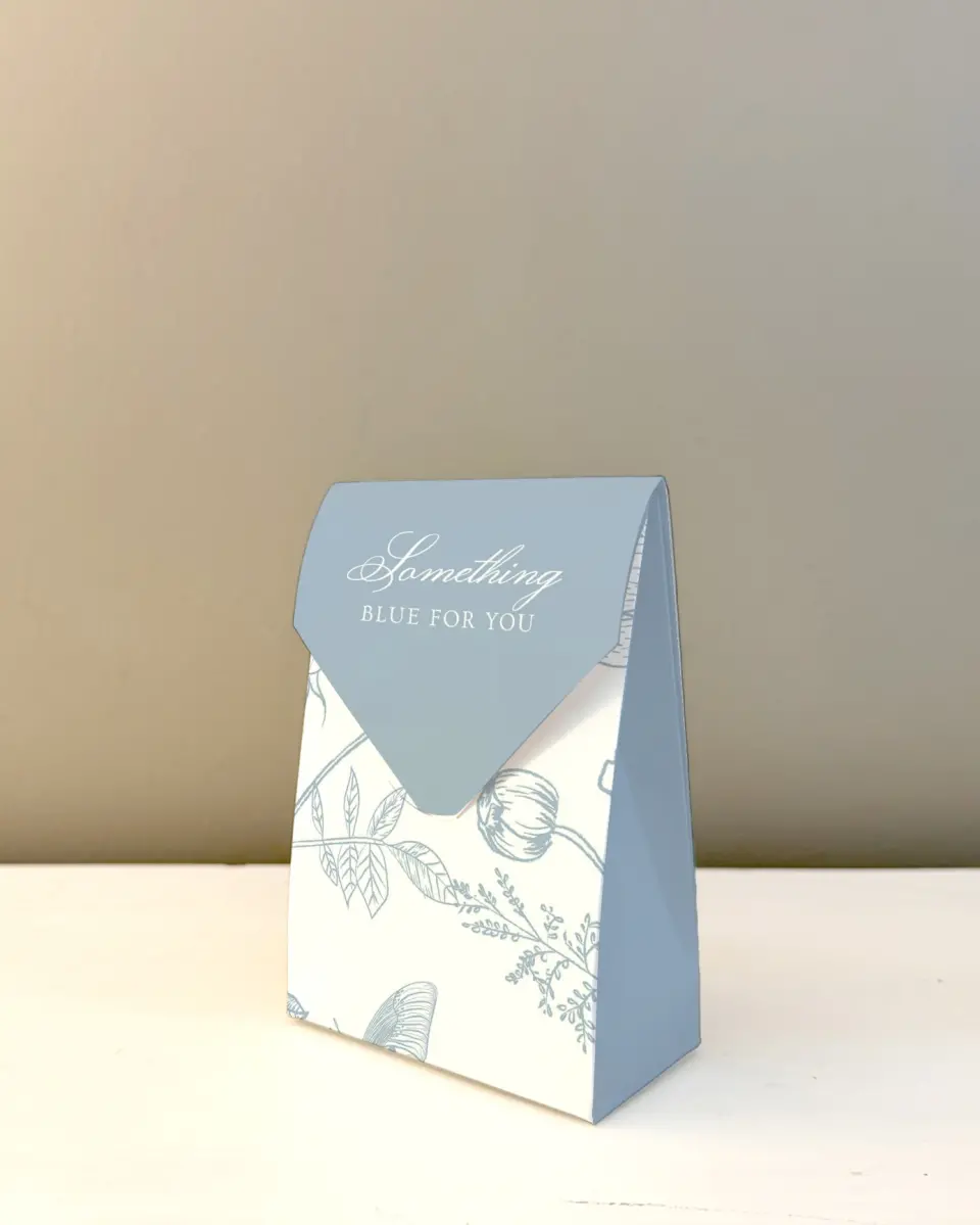 This is a 3.5" x 5.5" Wedding Favor Boxe called Something Blue printed in full color