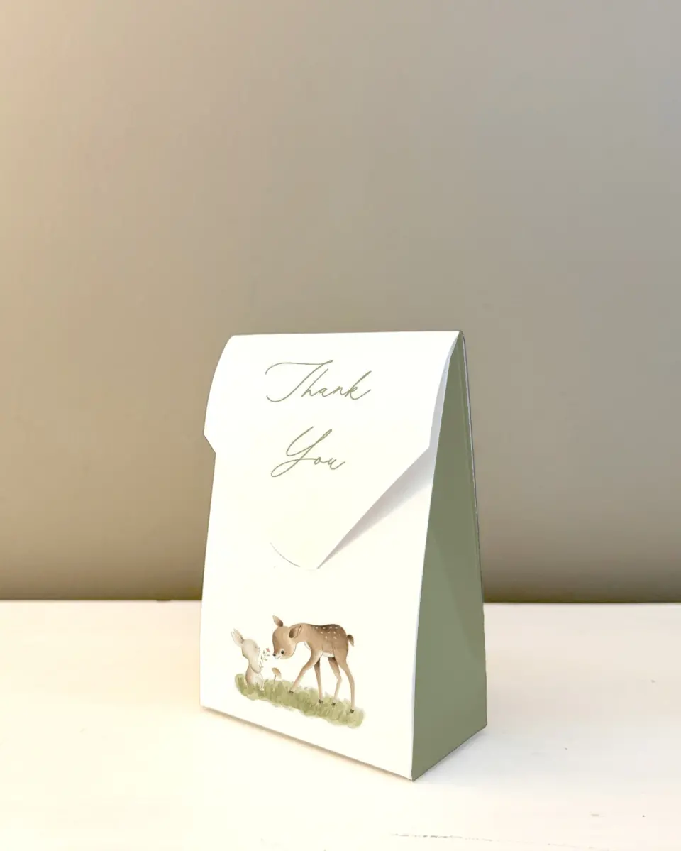This is a 3.5" x 5.5" Wedding Favor Boxe called Woodland Wonder printed in full color with Gold foil