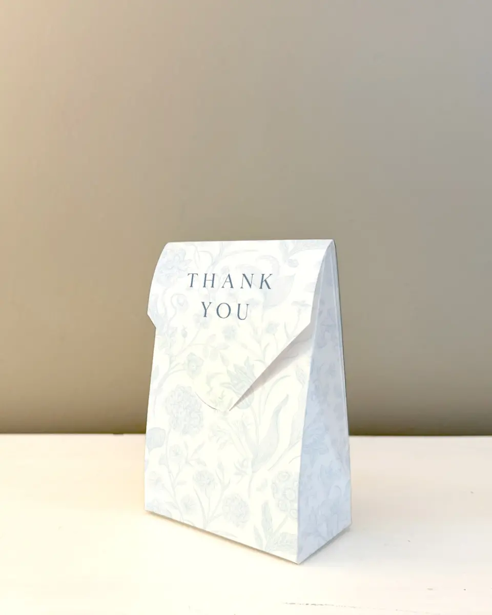 This is a 3.5" x 5.5" Wedding Favor Boxe called Blissful Blooms printed in full color with Gold foil