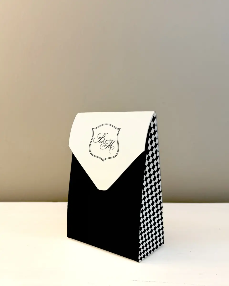 This is a 3.5" x 5.5" Wedding Favor Boxe called Greenwich printed in full color with Rose Gold foil