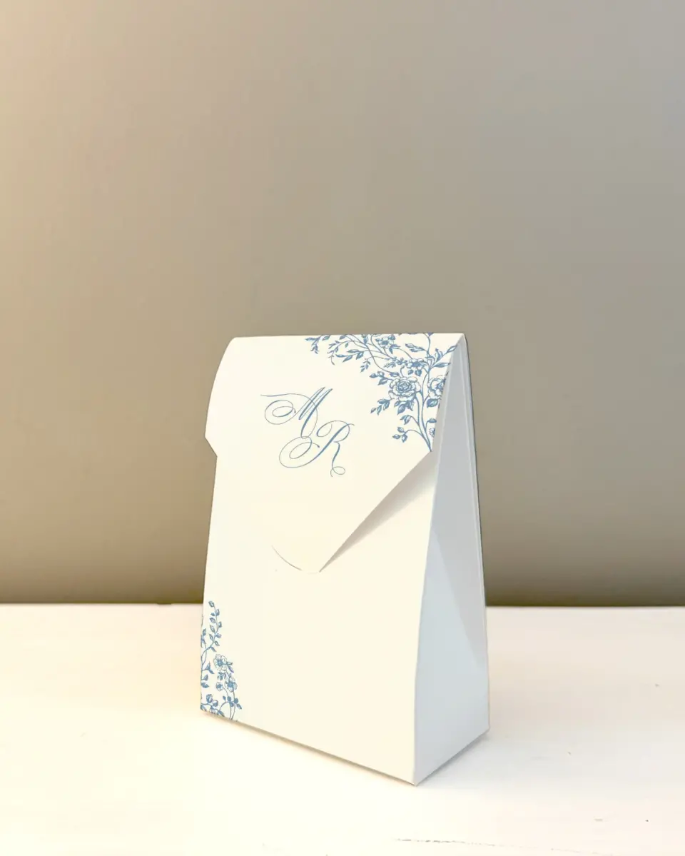This is a 3.5" x 5.5" Wedding Favor Boxe called Vintage Reverie printed in full color with Rose Gold foil