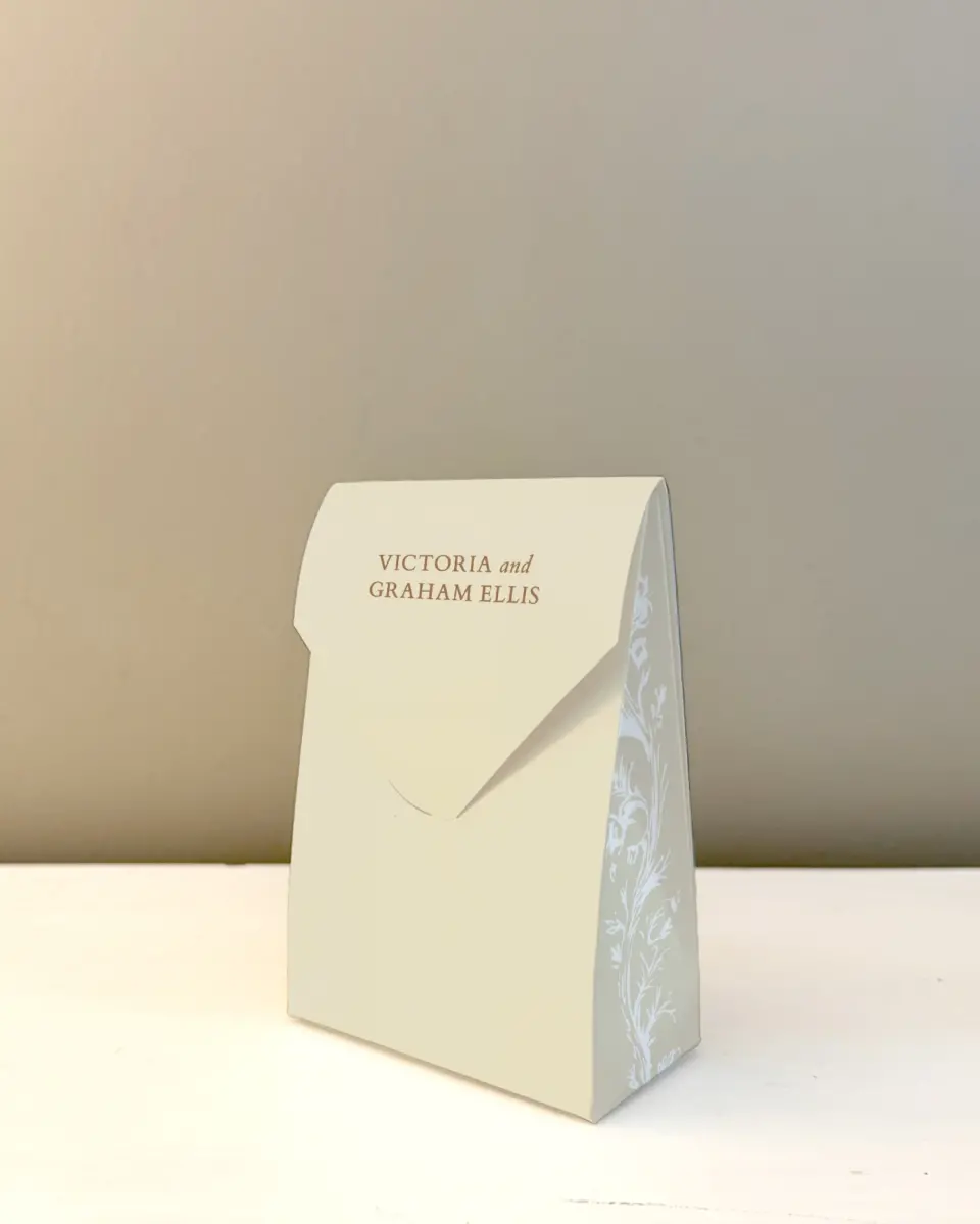 This is a 3.5" x 5.5" Wedding Favor Boxe called Soft Branchlets printed in full color