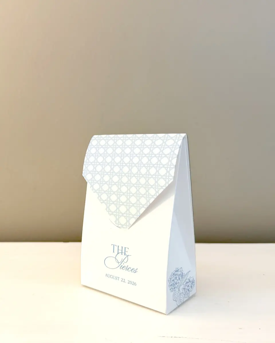 This is a 3.5" x 5.5" Wedding Favor Boxe called Woven Serenity printed in full color with Silver foil