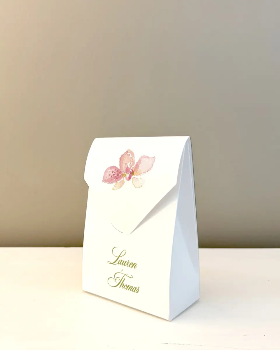 This is a 3.5" x 5.5" Wedding Favor Boxe called Paradise in Bloom printed in full color with Rose Gold foil