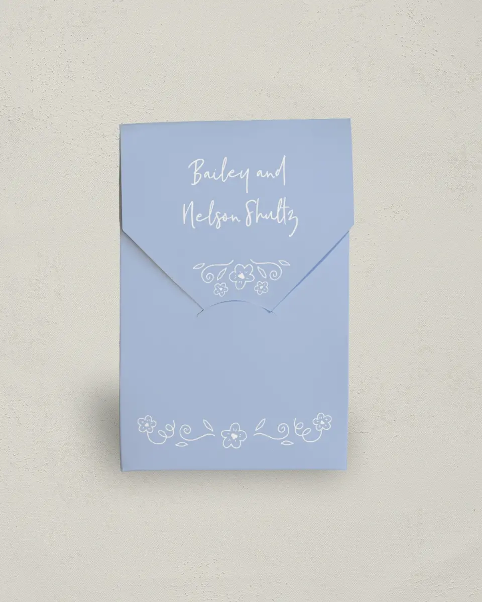 This is a 3.5" x 5.5" Wedding Favor Boxe called Framed in Flowers printed in full color with Gold foil