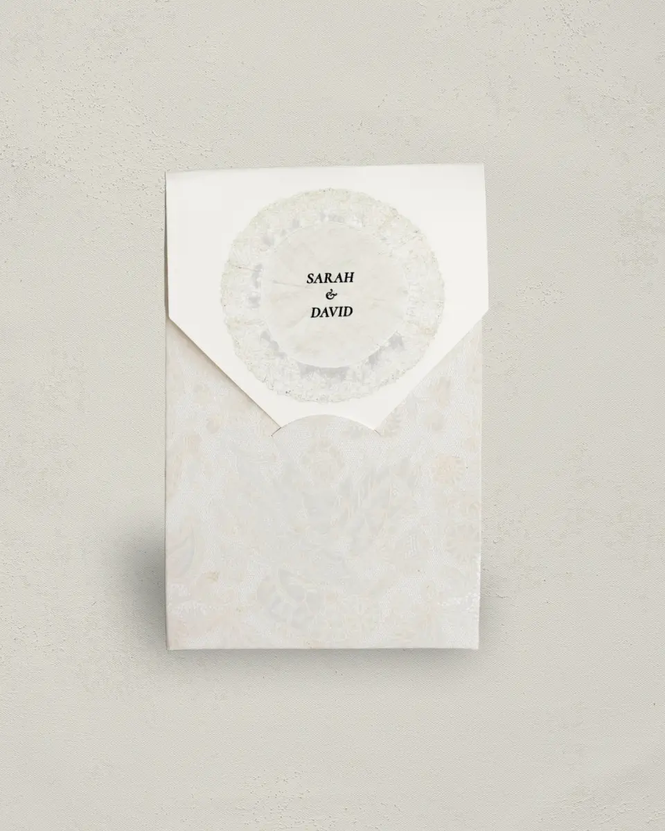 This is a 3.5" x 5.5" Wedding Favor Boxe called Trimmed Lace printed in full color with Gold foil