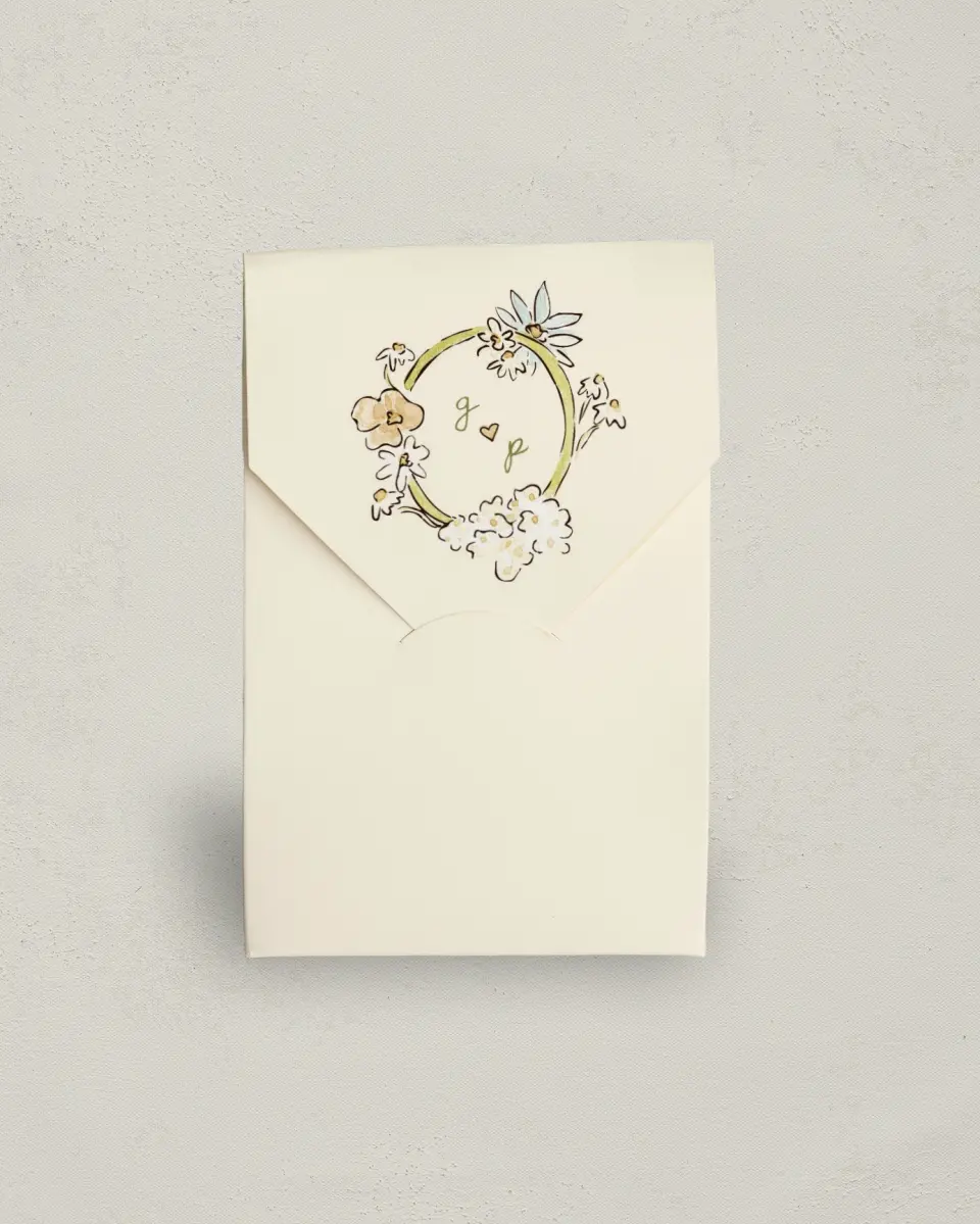 This is a 3.5" x 5.5" Wedding Favor Boxe called Soft Garden Vows printed in full color with Gold foil