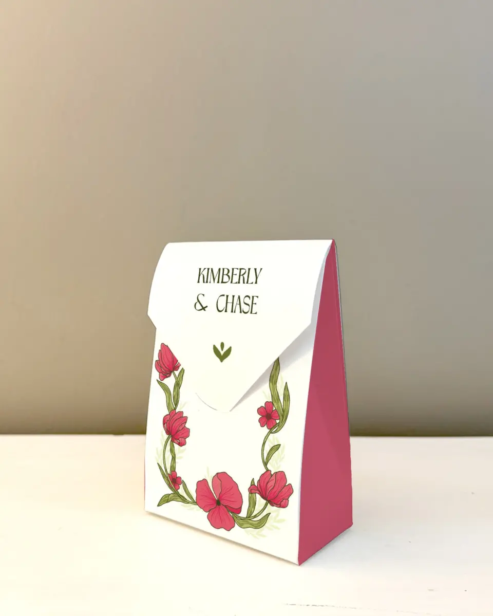 This is a 3.5" x 5.5" Wedding Favor Boxe called Nouveau Romance printed in full color with Rose Gold foil