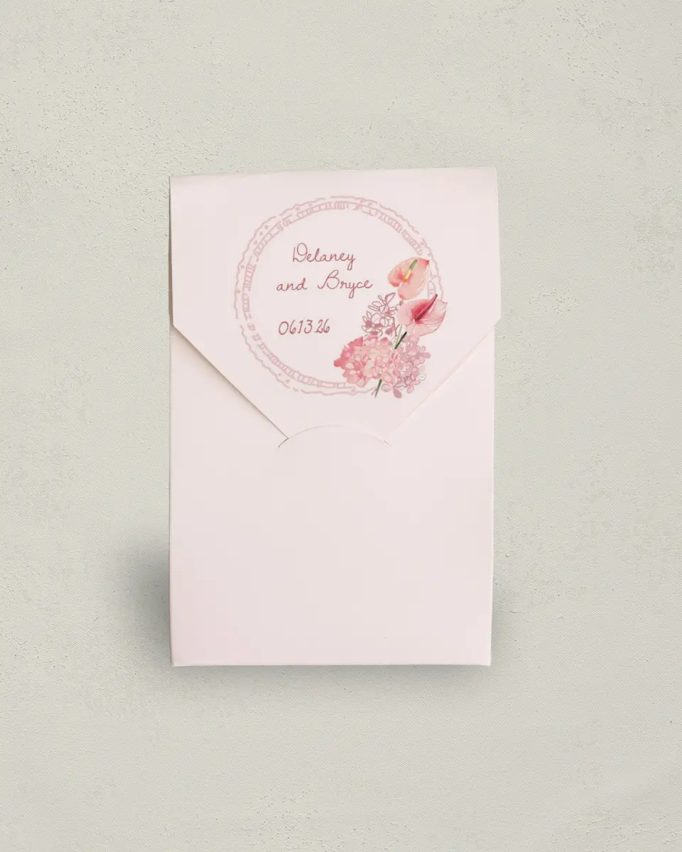 This is a 3.5" x 5.5" Wedding Favor Boxe called Blushing Whimsy printed in full color with Gold foil