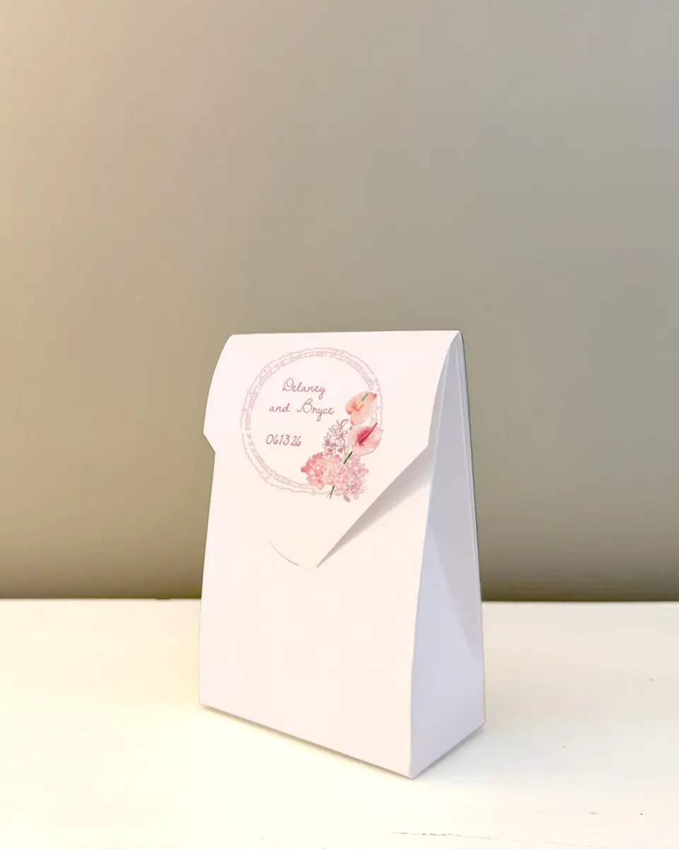 This is a 3.5" x 5.5" Wedding Favor Boxe called Blushing Whimsy printed in full color with Rose Gold foil