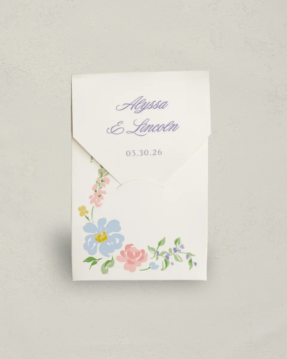 This is a 3.5" x 5.5" Wedding Favor Boxe called Gentle Garden printed in full color with Gold foil