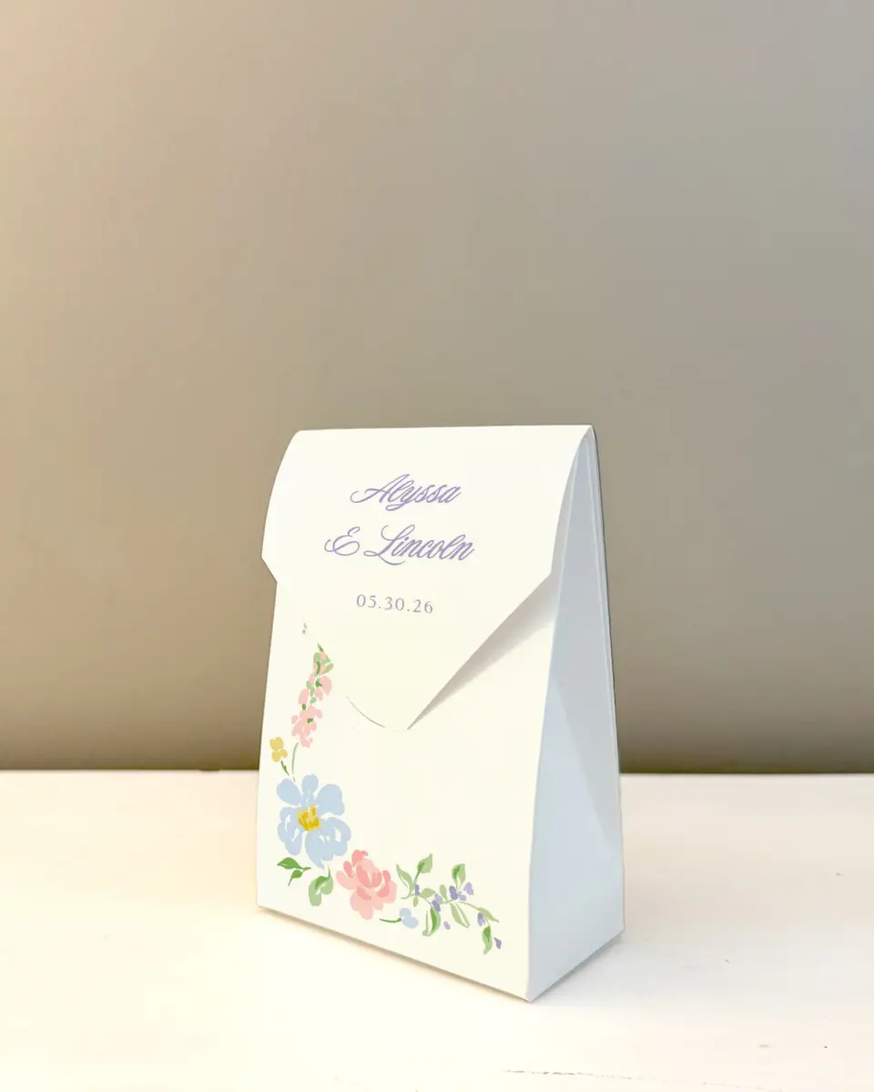 This is a 3.5" x 5.5" Wedding Favor Boxe called Gentle Garden printed in full color
