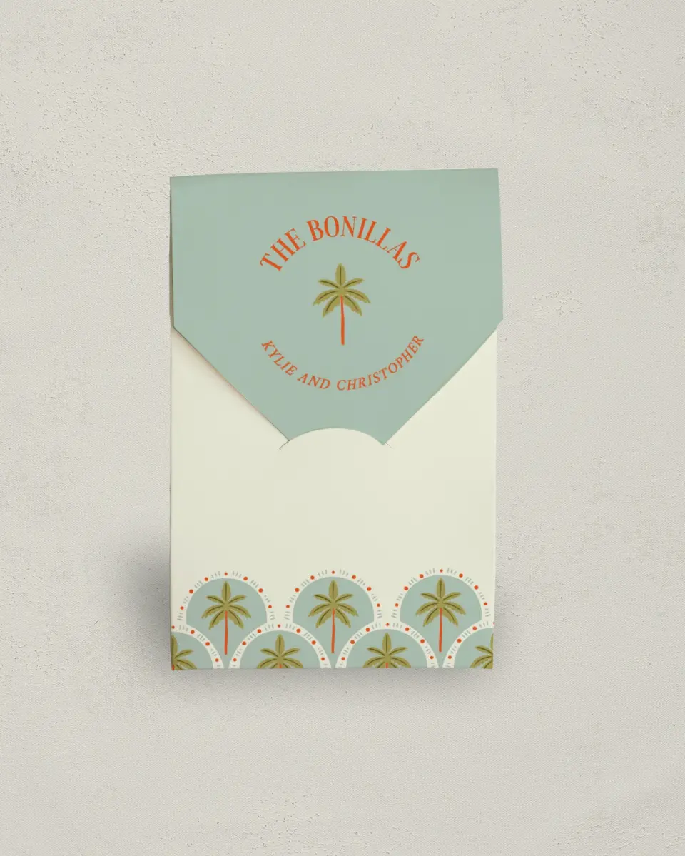 This is a 3.5" x 5.5" Wedding Favor Boxe called Tropical Treasure printed in full color with Gold foil