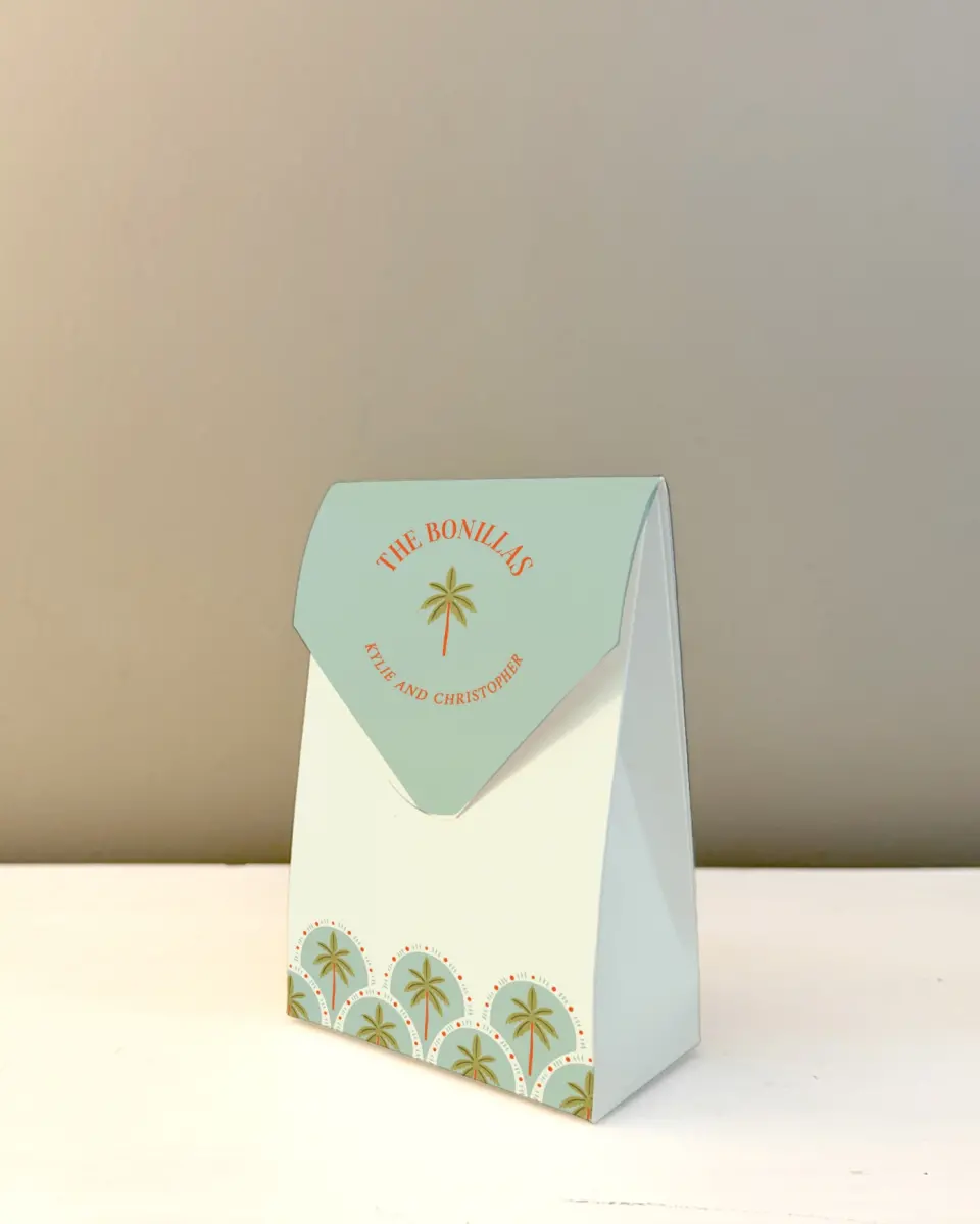 This is a 3.5" x 5.5" Wedding Favor Boxe called Tropical Treasure printed in full color