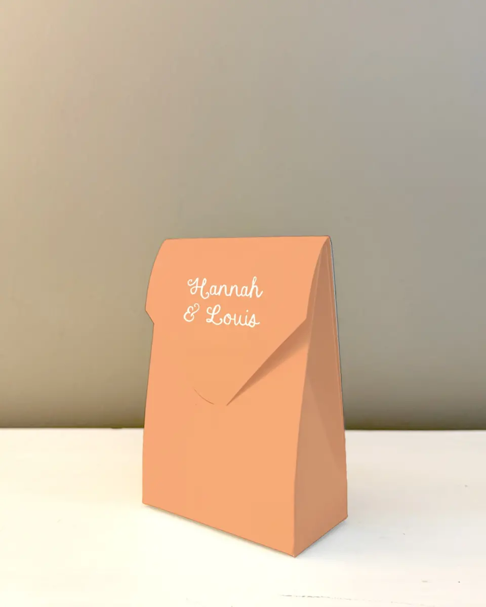 This is a 3.5" x 5.5" Wedding Favor Boxe called Wavy Love printed in full color with Gold foil
