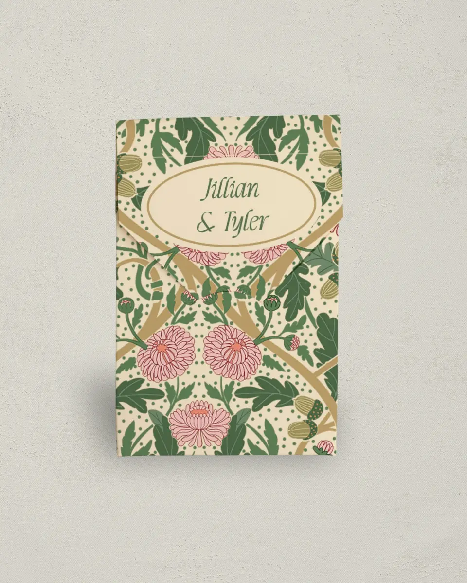 This is a 3.5" x 5.5" Wedding Favor Boxe called Regal Garden printed in full color with Gold foil
