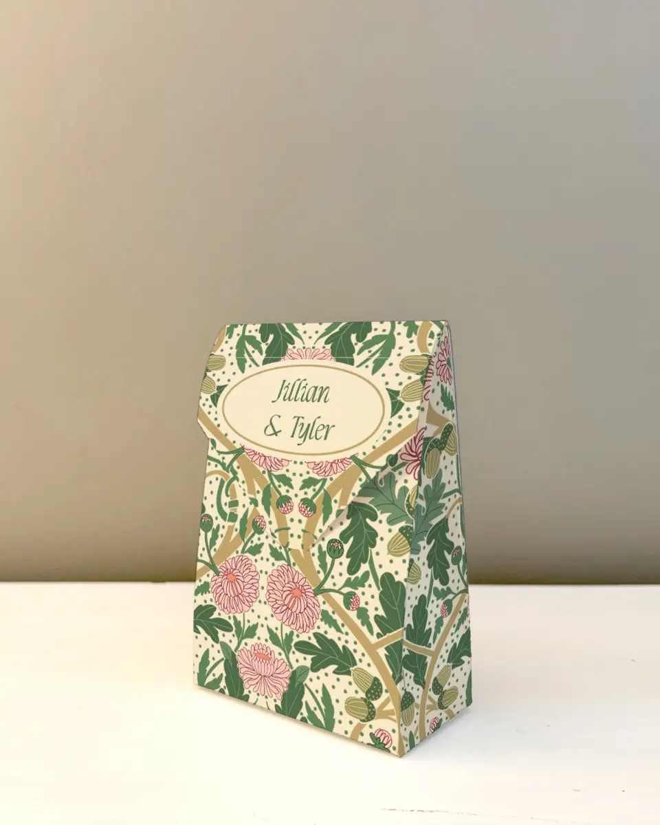 This is a 3.5" x 5.5" Wedding Favor Boxe called Regal Garden printed in full color