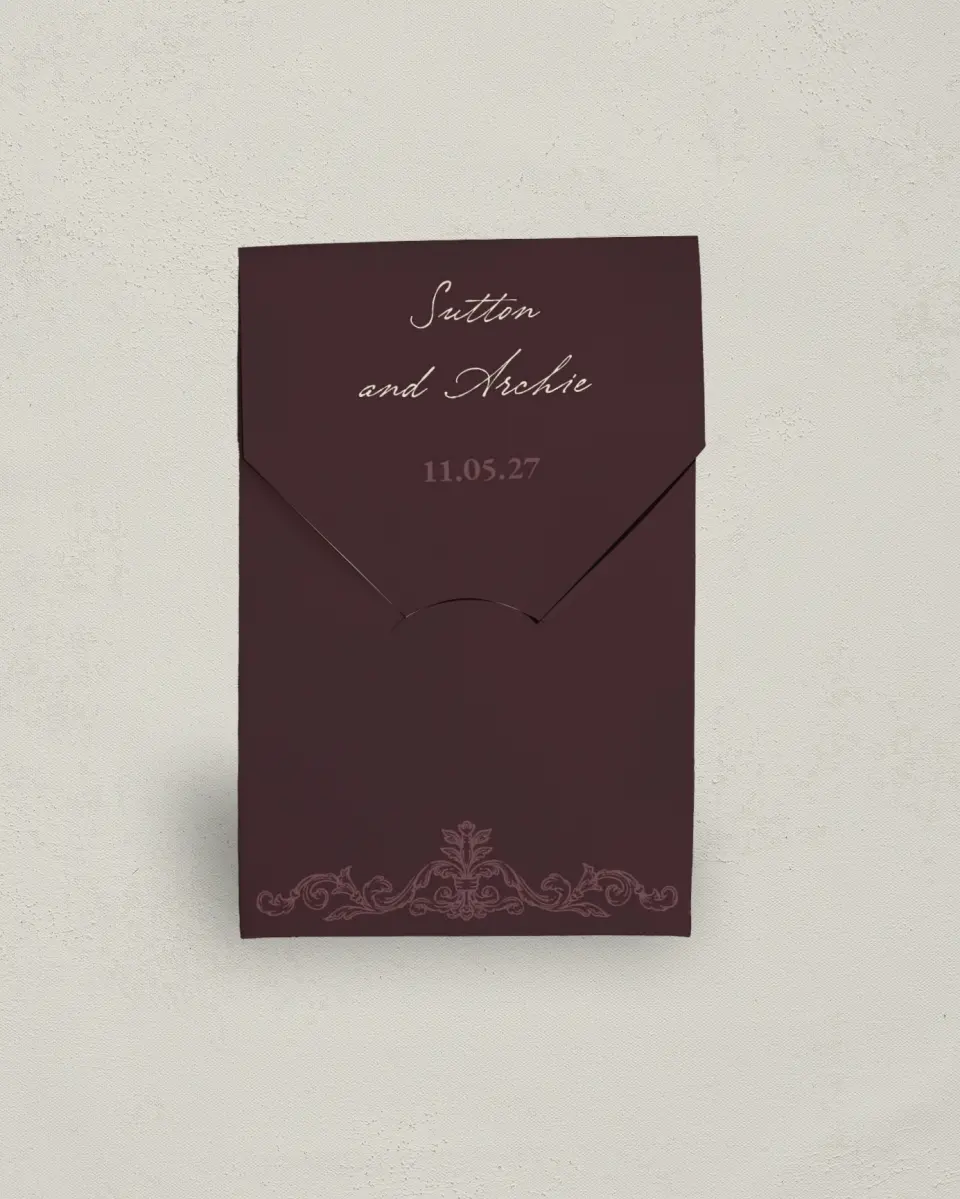 This is a 3.5" x 5.5" Wedding Favor Boxe called Victorian Aura printed in full color with Gold foil