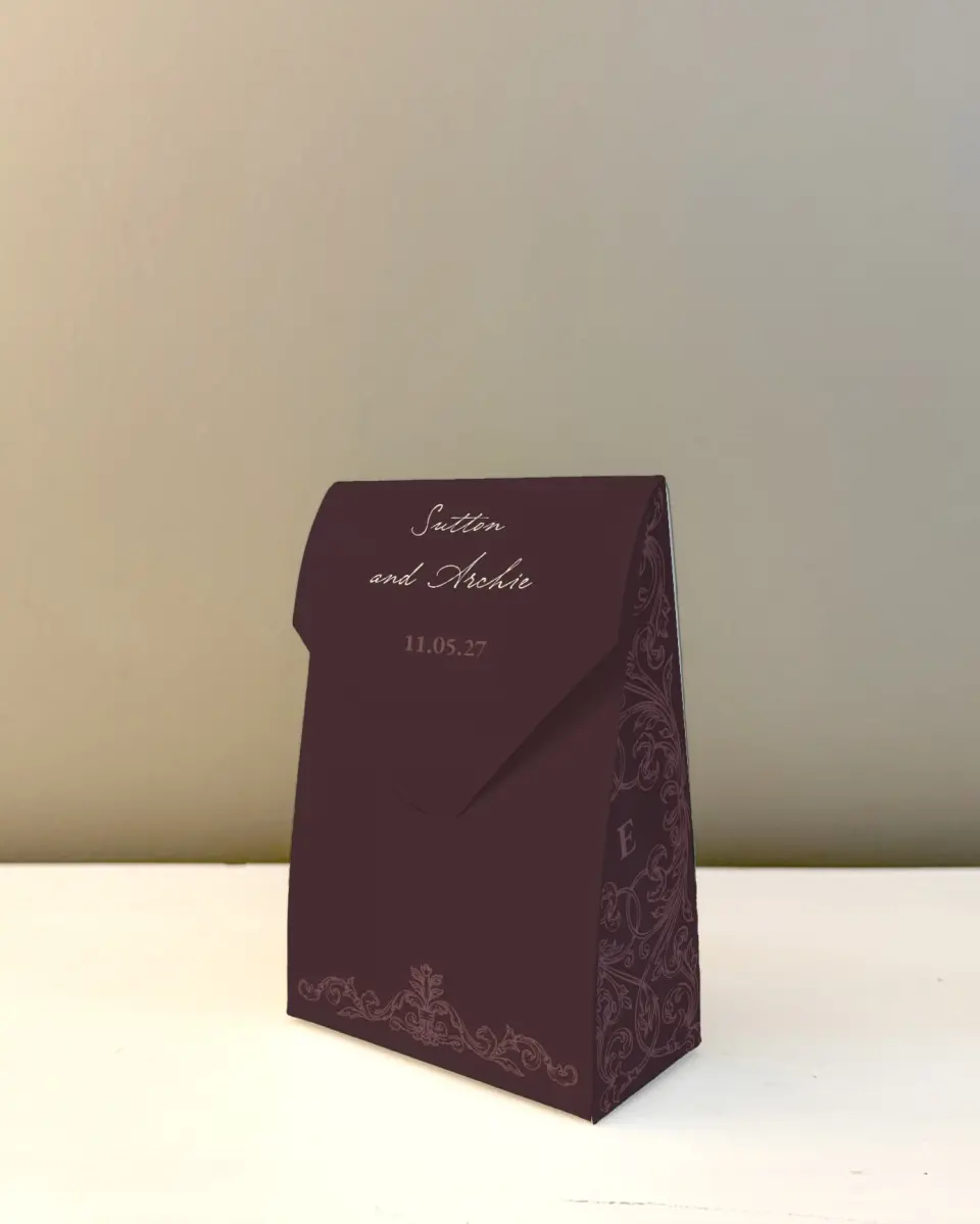 This is a 3.5" x 5.5" Wedding Favor Boxe called Victorian Aura printed in full color with Rose Gold foil