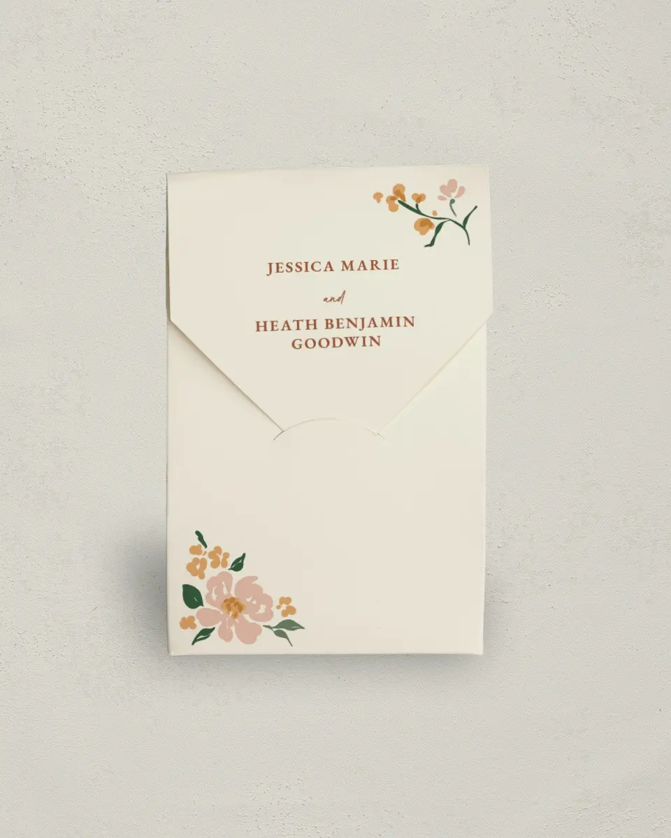 This is a 3.5" x 5.5" Wedding Favor Boxe called Plush Petals printed in full color