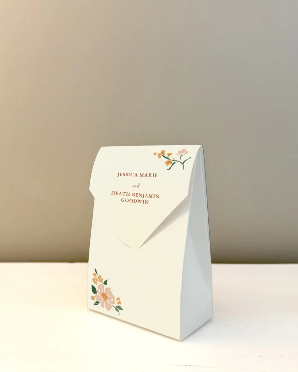This is a 3.5" x 5.5" Wedding Favor Boxe called Plush Petals printed in full color with Rose Gold foil