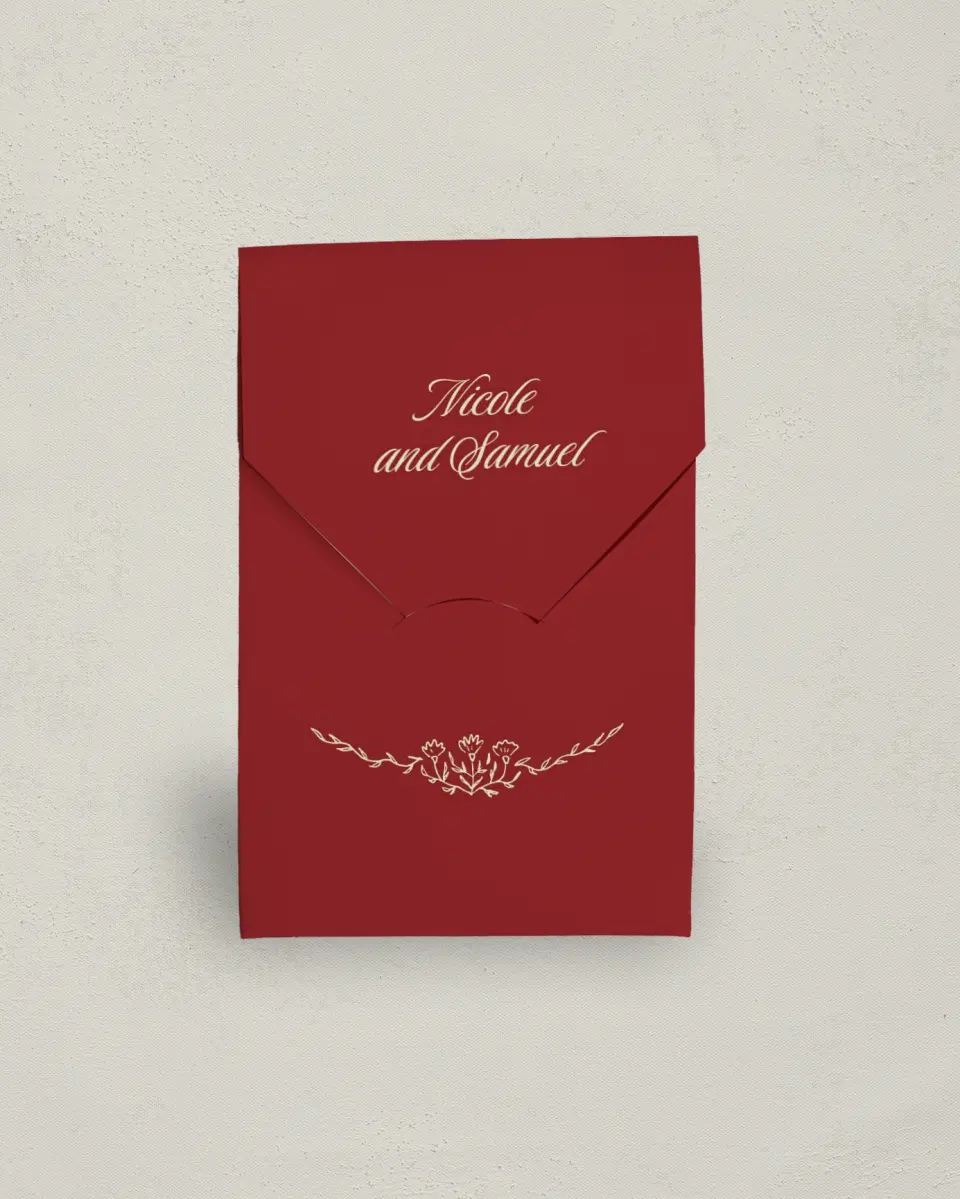 This is a 3.5" x 5.5" Wedding Favor Boxe called Bloom & Crest printed in full color with Gold foil