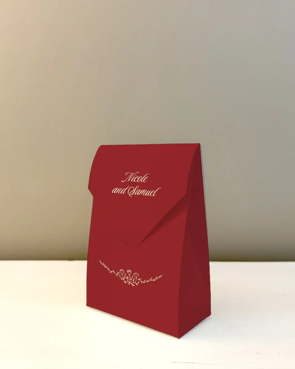 This is a 3.5" x 5.5" Wedding Favor Boxe called Bloom & Crest printed in full color with Rose Gold foil