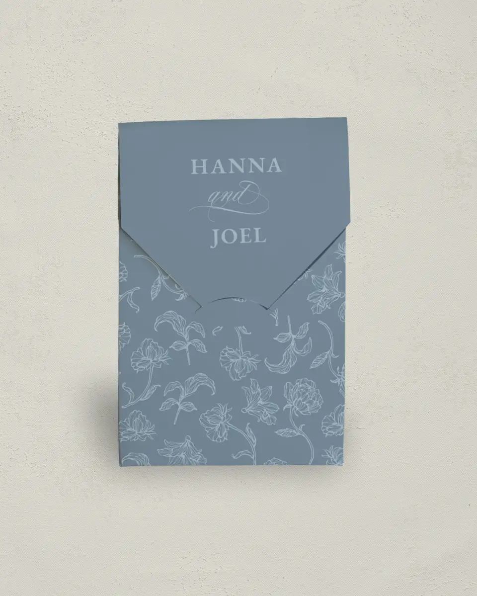 This is a 3.5" x 5.5" Wedding Favor Boxe called Pressed Petals printed in full color with Gold foil