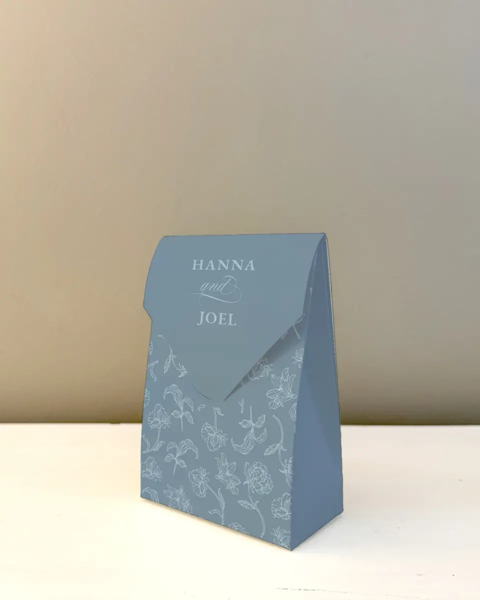 This is a 3.5" x 5.5" Wedding Favor Boxe called Pressed Petals printed in full color with Silver foil